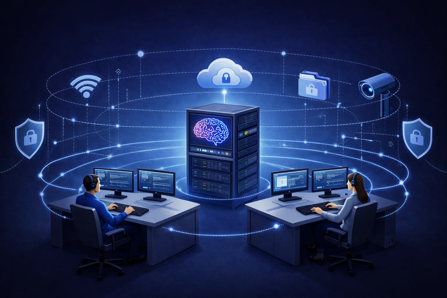 Zespół IT pracujący przy lokalnej infrastrukturze i serwerach AI w bezpiecznym środowisku.